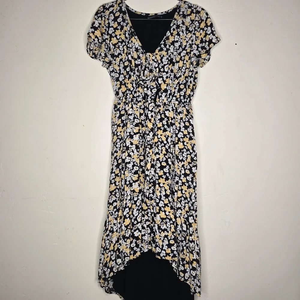 Abercrombie & Fitch Floral High-Low Midi Dress XL Black Yellow V-Neck 159D1112 Abercrombie & Fitch Floral High-Low Midi Dress XL Black Yellow V-Neck 159D1112